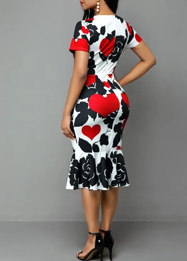 Short Sleeve Rose and Heart Print Dress