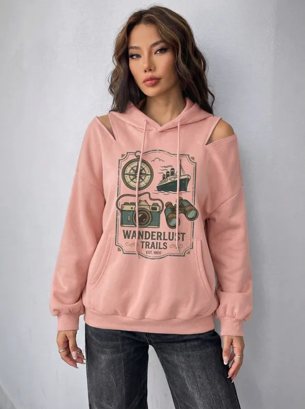 Women's Travel Wanderlust Compass Camera Graphic Cold-Shoulder Hoodie