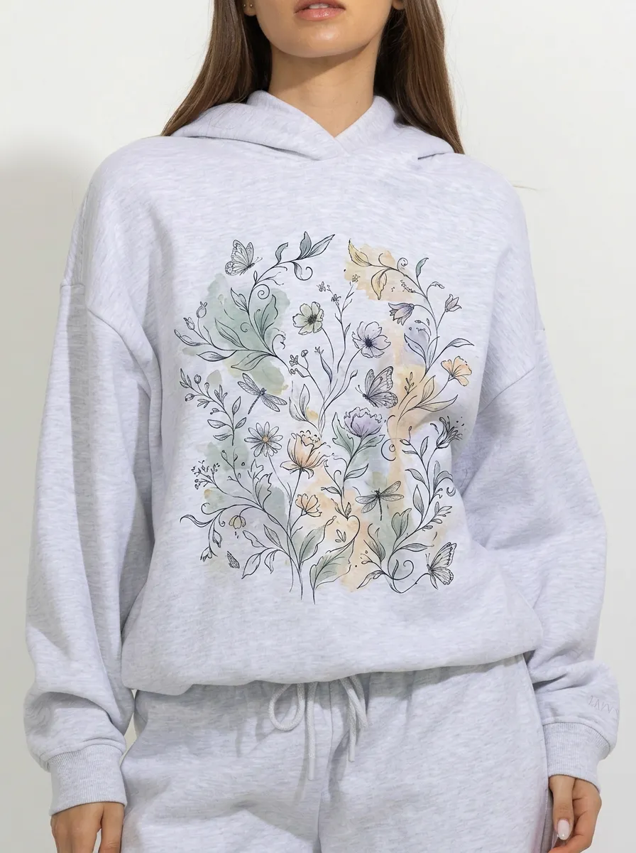 Women's Botanical Butterfly Dragonfly Watercolor Printed Hoodie