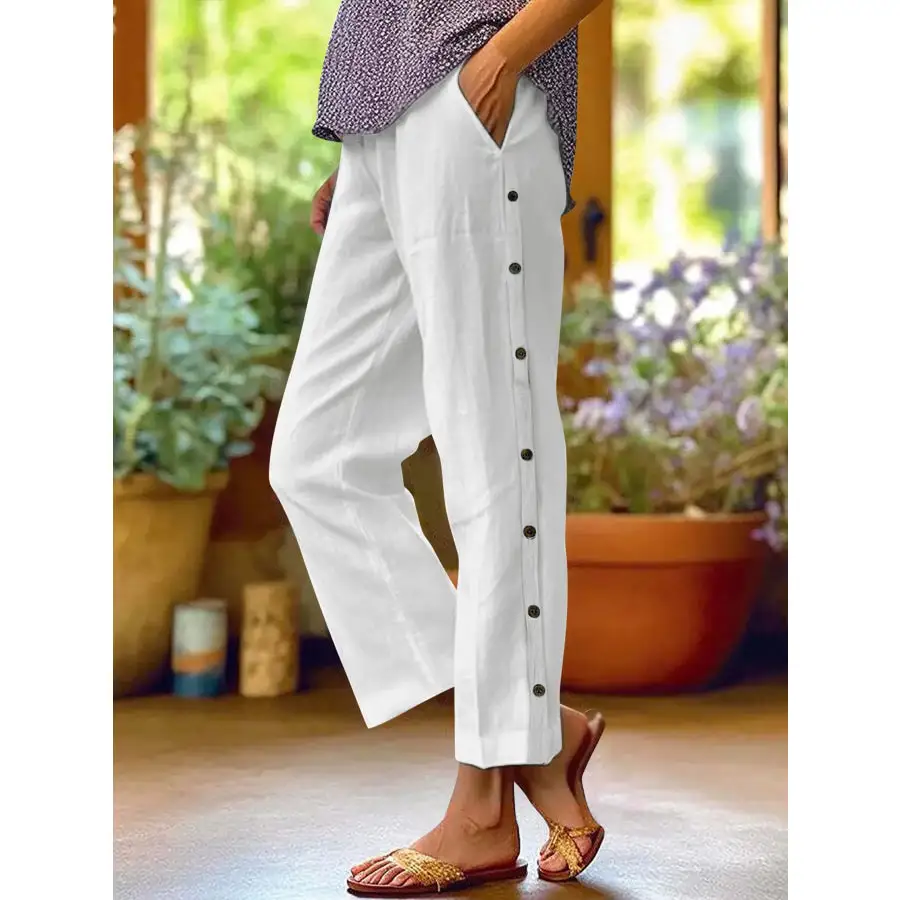 Full Size Side Decor Button Casual Wide Leg Pants Plus Size