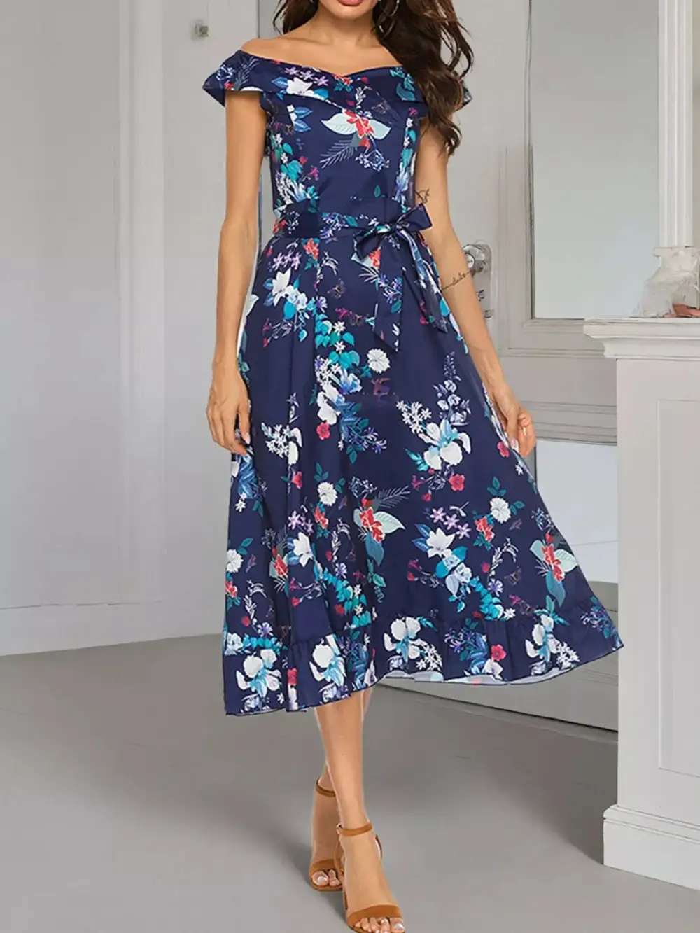 Print Off Shoulder Midi Dress