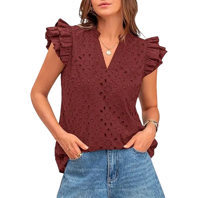9PACK-Women Summer Eyelet Tops Dressy Casual V-Neck Ruffle Cap Sleeve Cotton Boho Shirts