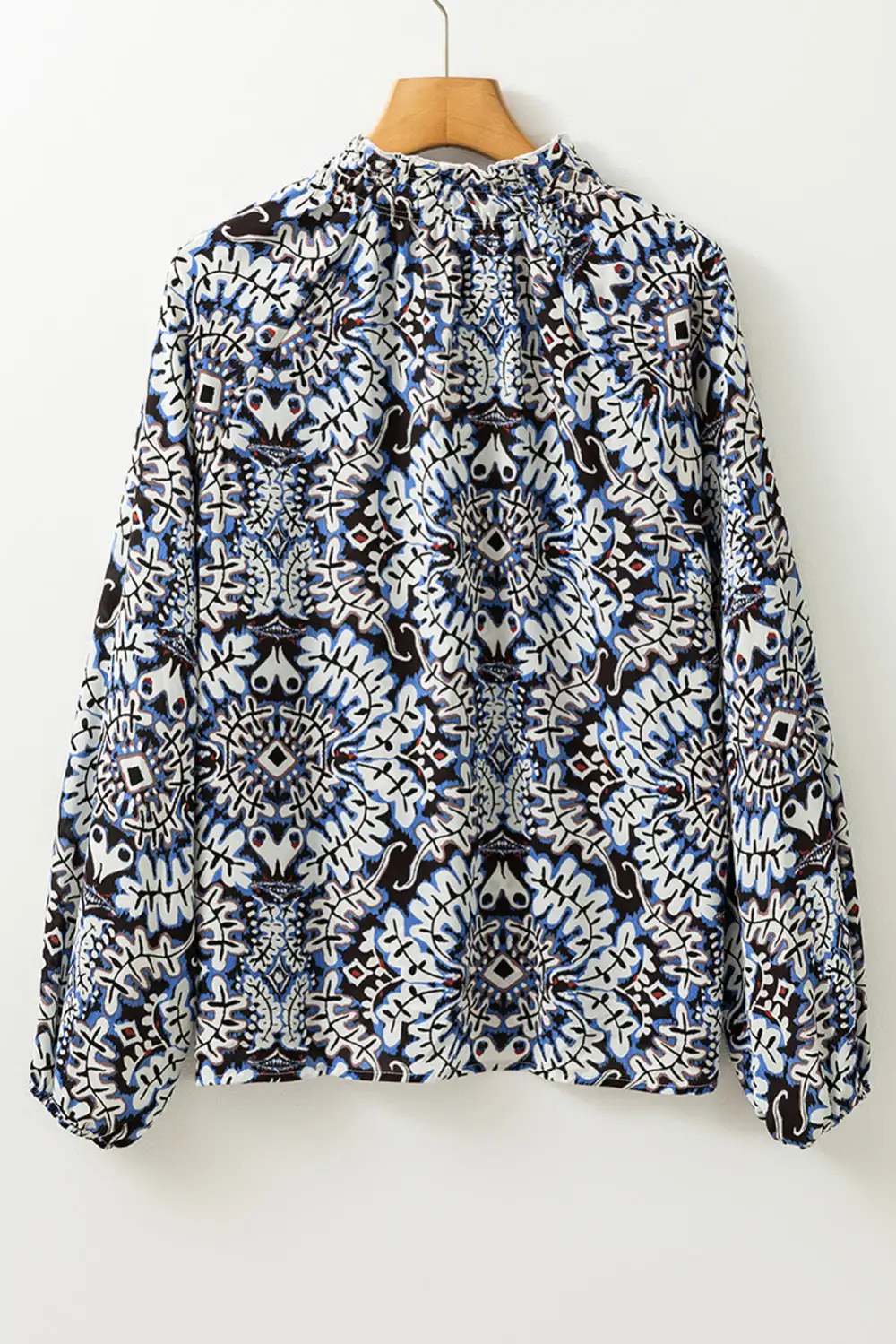 Blue Tribal Print Lace-Up Frilled Neck Puff Sleeve Blouse