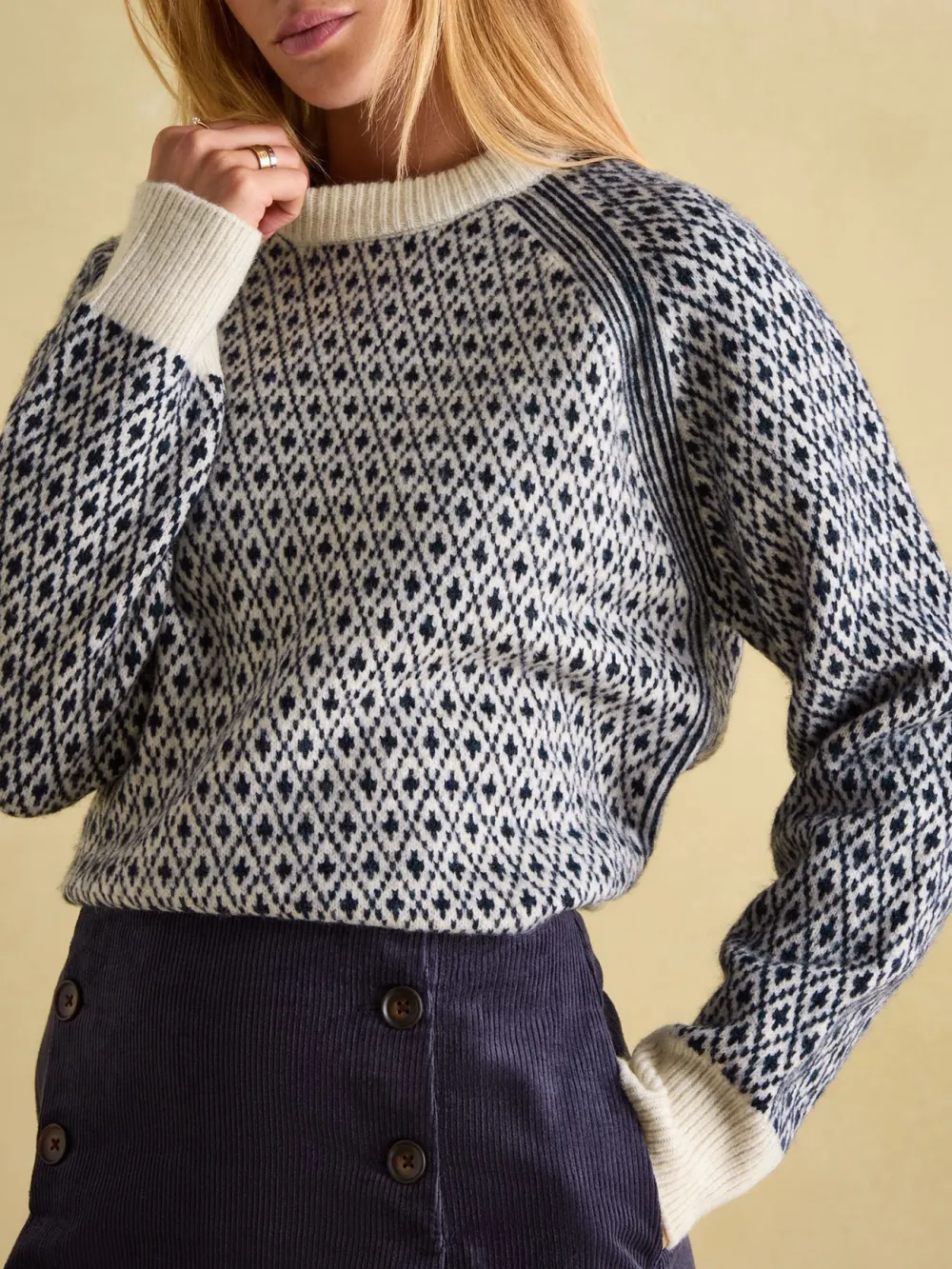Cream/Red Patterned Jumper with Detachable Roll Neck