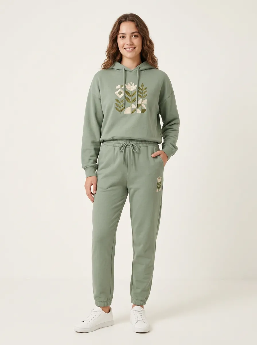 Women's Sage Green Drawstring Hood Solid Hoodie & Pants Set