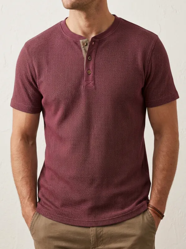 Men's Streamlined Waffle Knit Button Placket Henley Shirt
