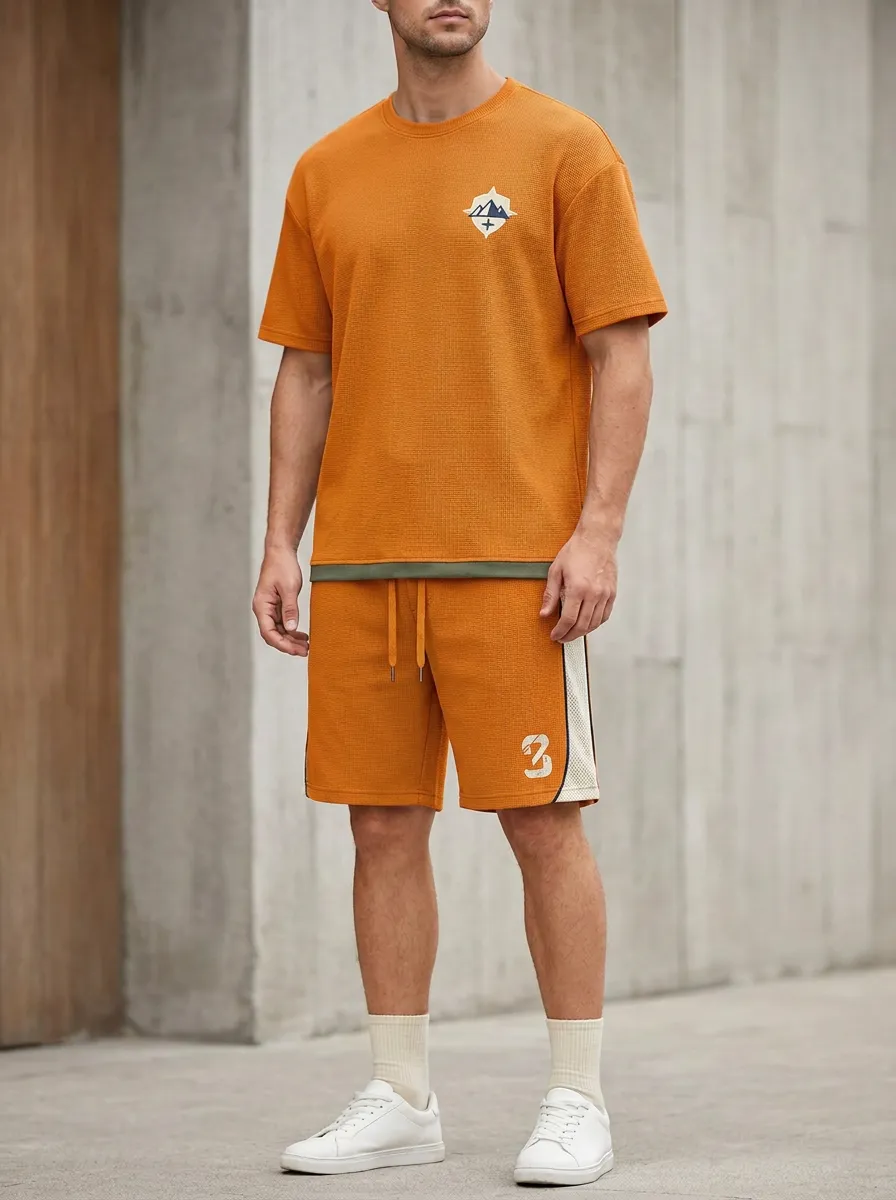 Casual Waffle Texture Mountain Graphic Look Men's T-Shirt And Shorts Set