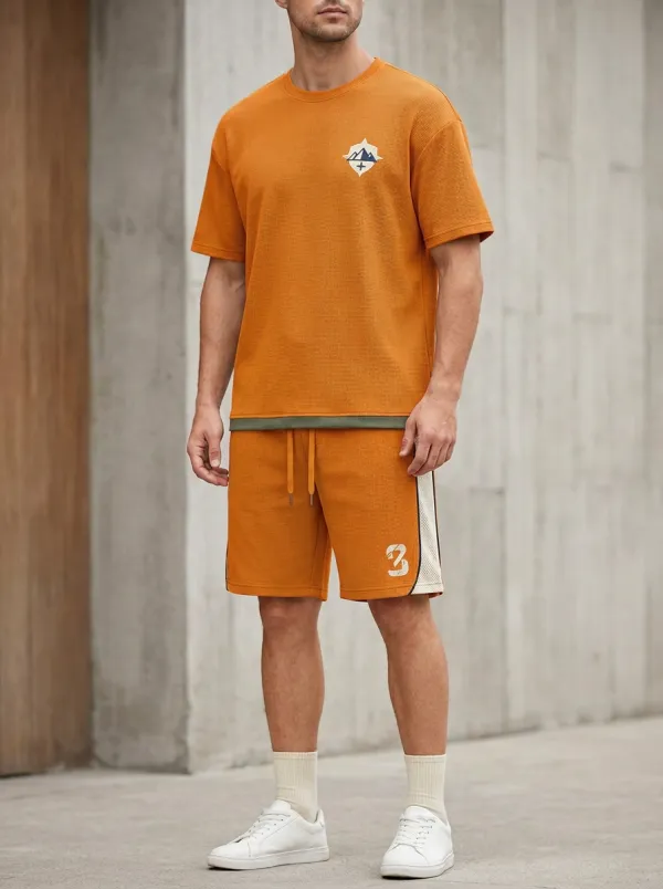 Casual Waffle Texture Mountain Graphic Look Men's T-Shirt And Shorts Set