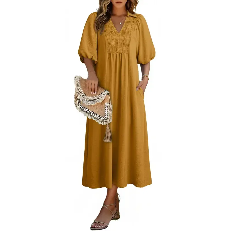 Casual V-neck puff-sleeve high-waist A-line long summer dress