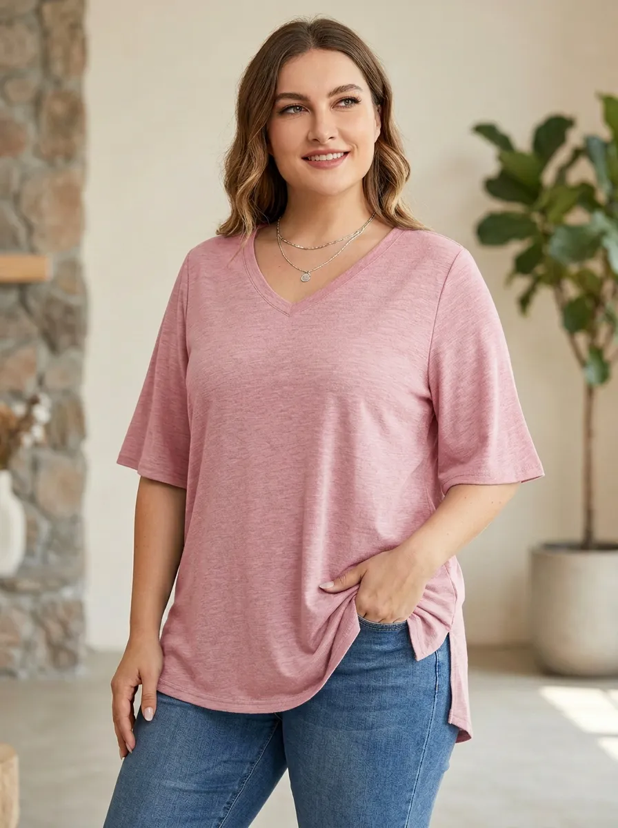 Women's Plus Size Casual Blue Heathered V-Neck T-Shirt