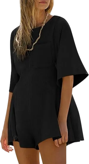 Women’s Summer Slim Fit Romper – Short Sleeve Crew Neck Jumpsuit with Pocket