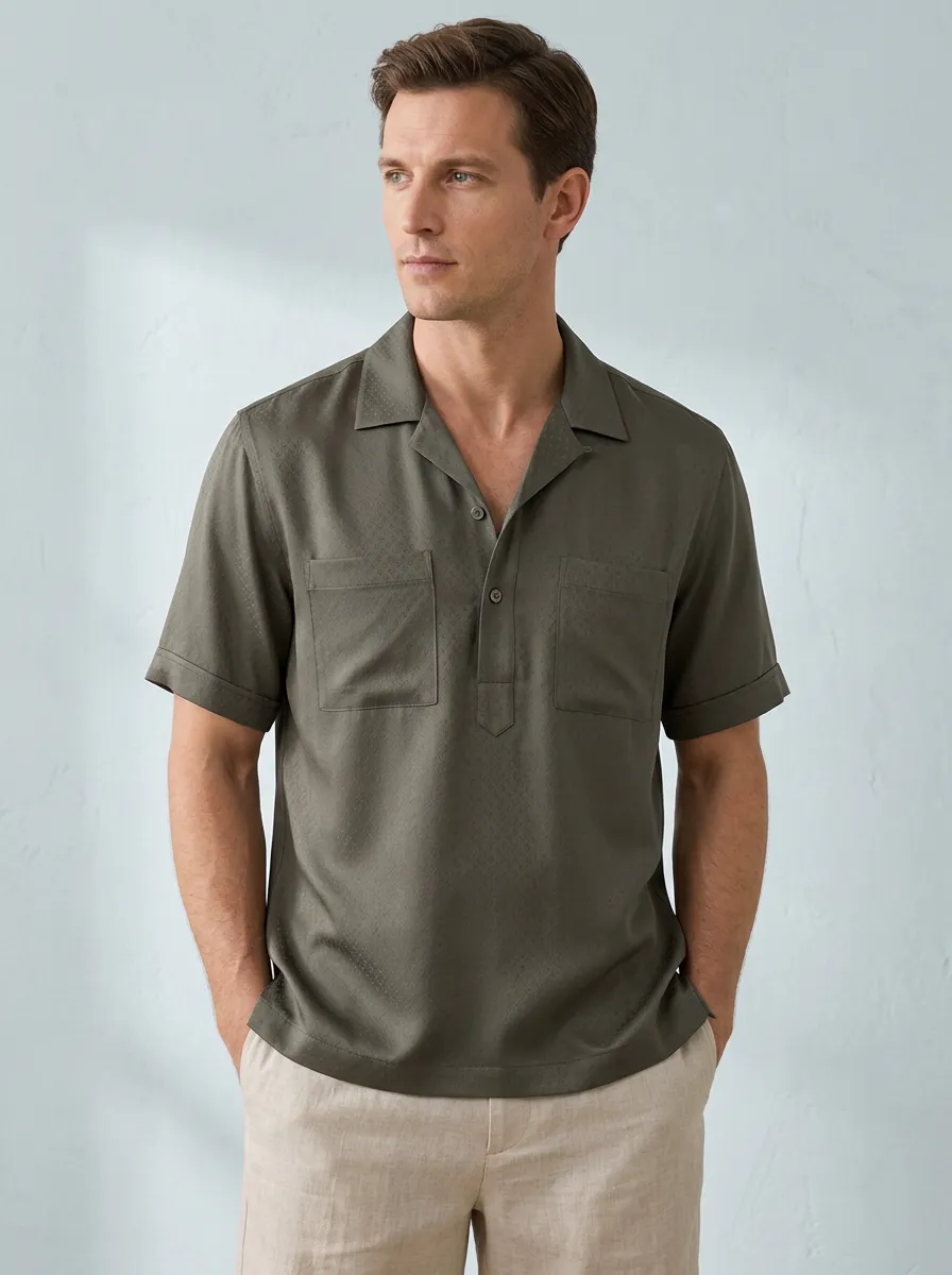 Men's Minimalist Olive Green Textured Pocket Polo Shirt