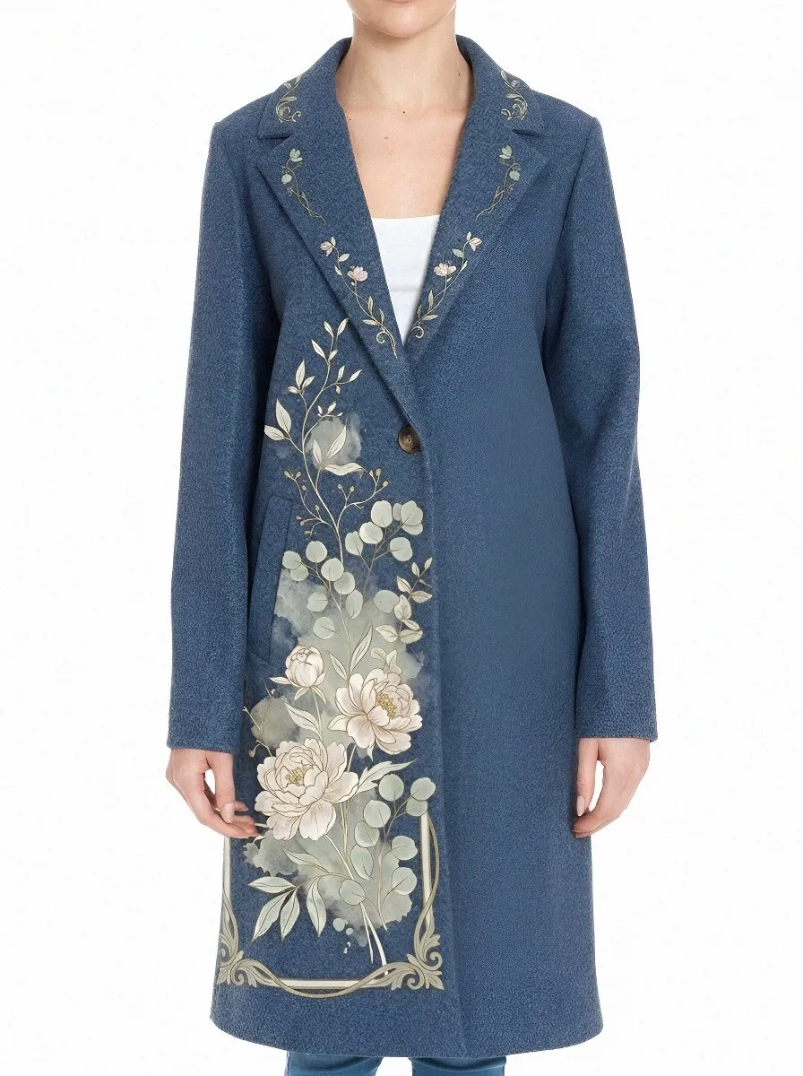 Women's Floral Art Lover Peony Botanical Printed Wool Coat