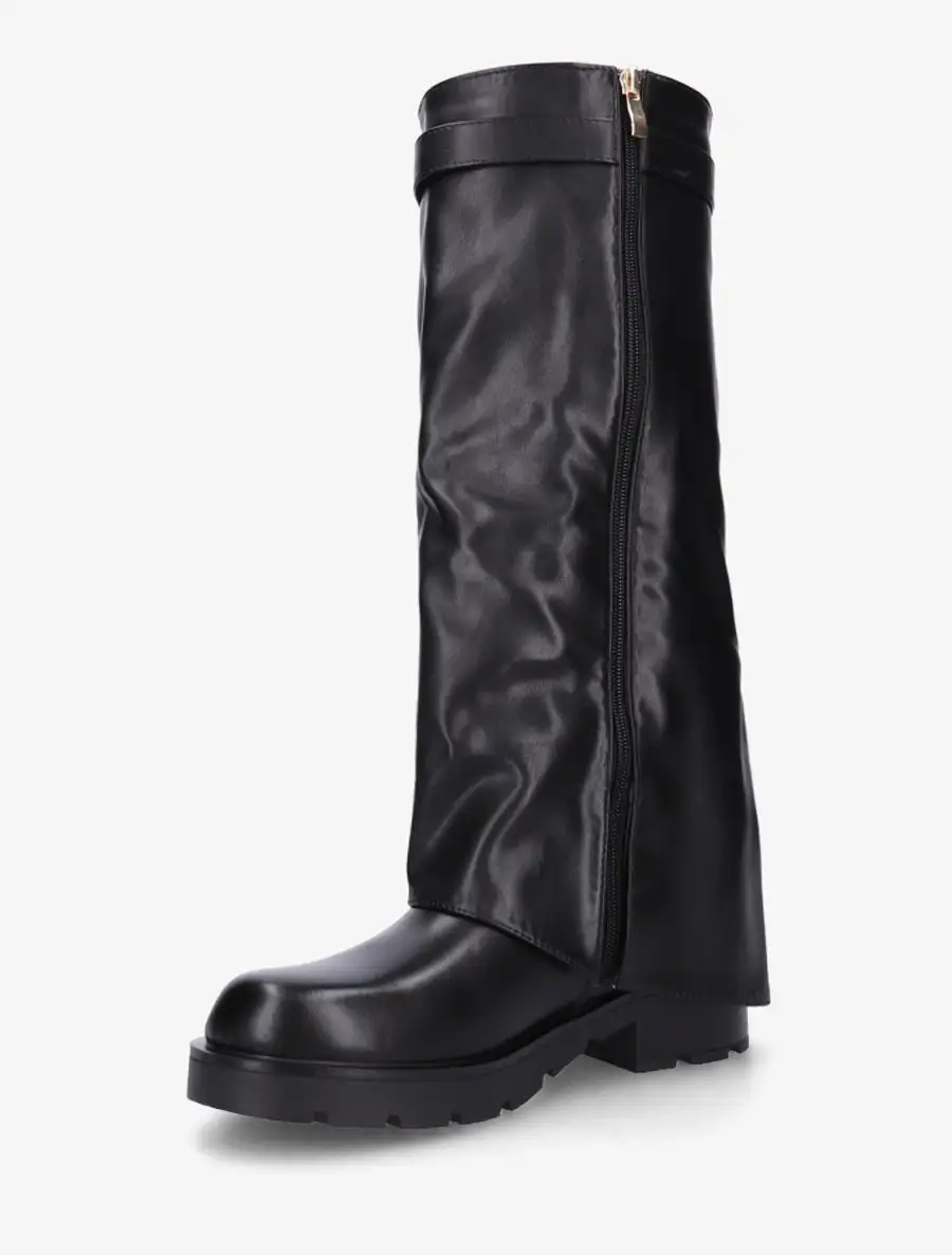 Textured Block Heel Fold-Over Faux Leather Knee High Boots