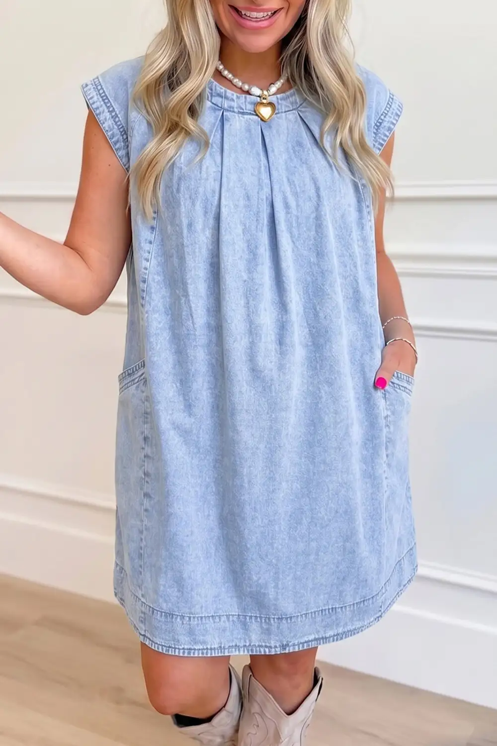 Cap Sleeve Pleated Round Neck Denim Shift Dress