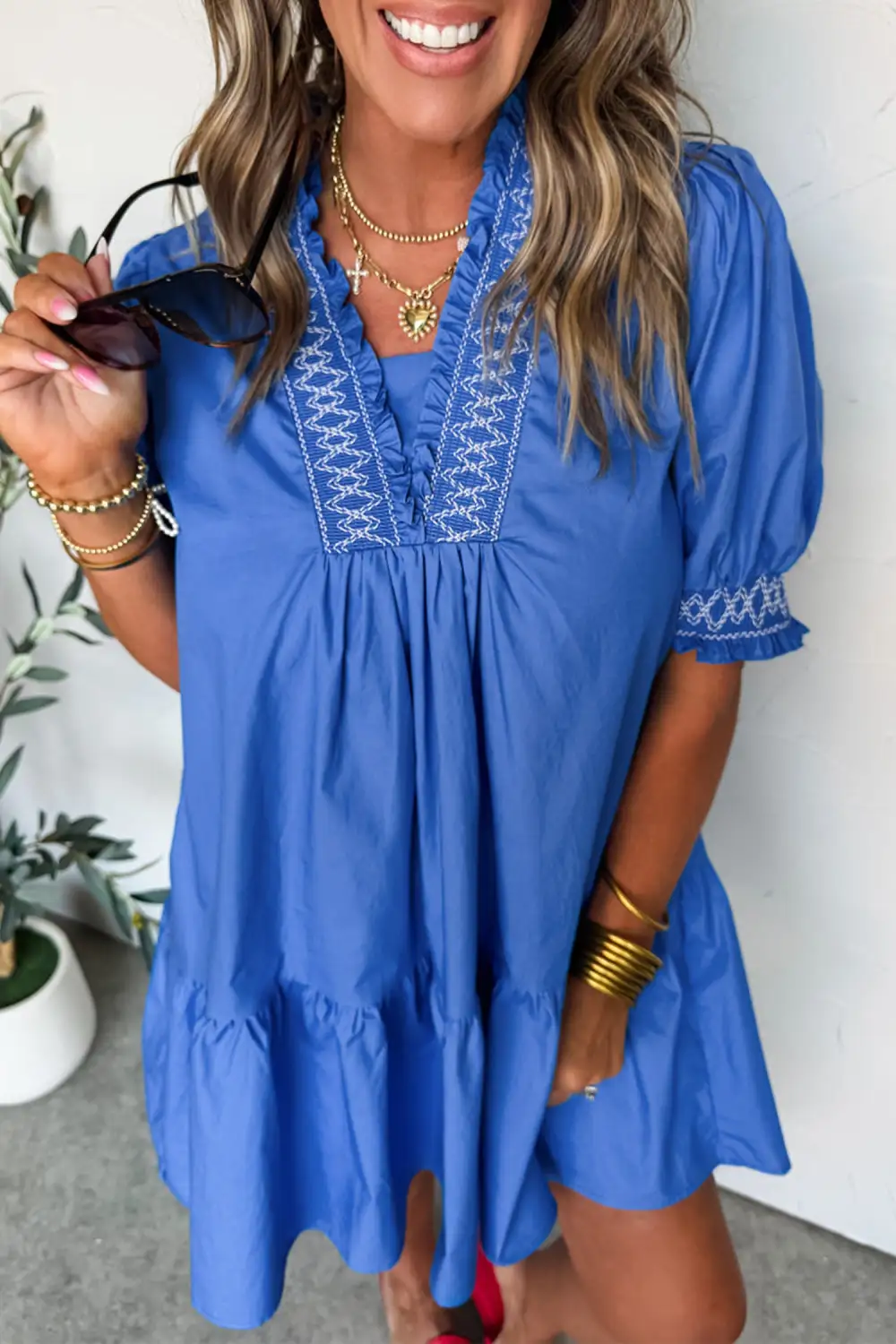 Embroidered V Neck Smocked Mini Dress