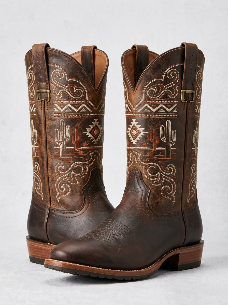 Men's Western Rounded-Toe Mid-Calf Pull-Tab Lugged-Outsole Stacked-Block-Heel Cowboy Boots