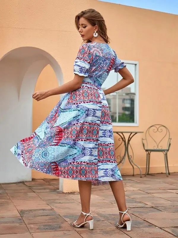 Women Split Hem Shirred Waist Dress