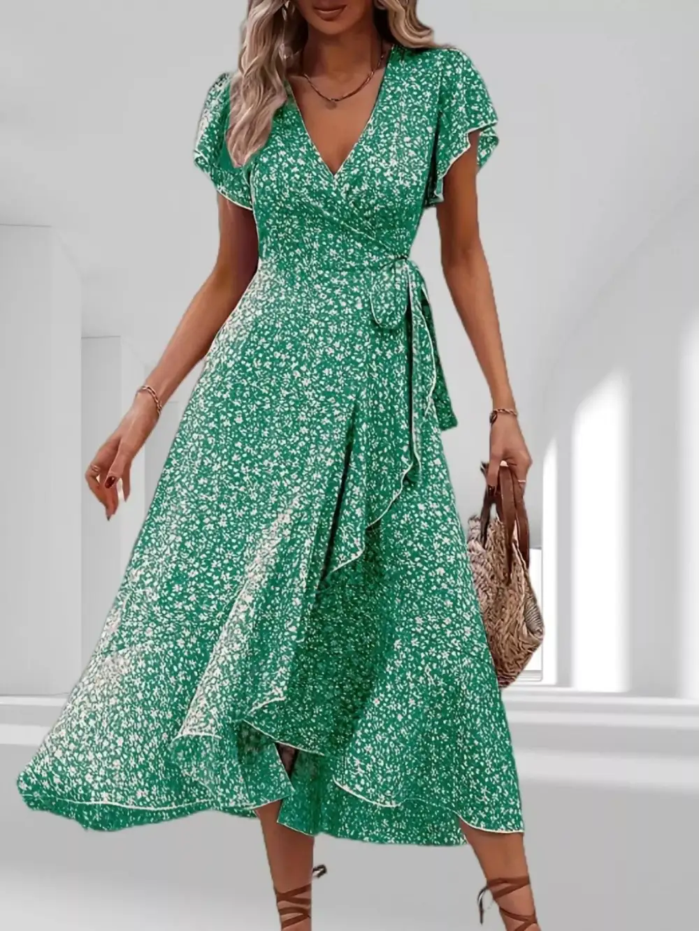Print Ruffle Hem Wrap Midi Dress