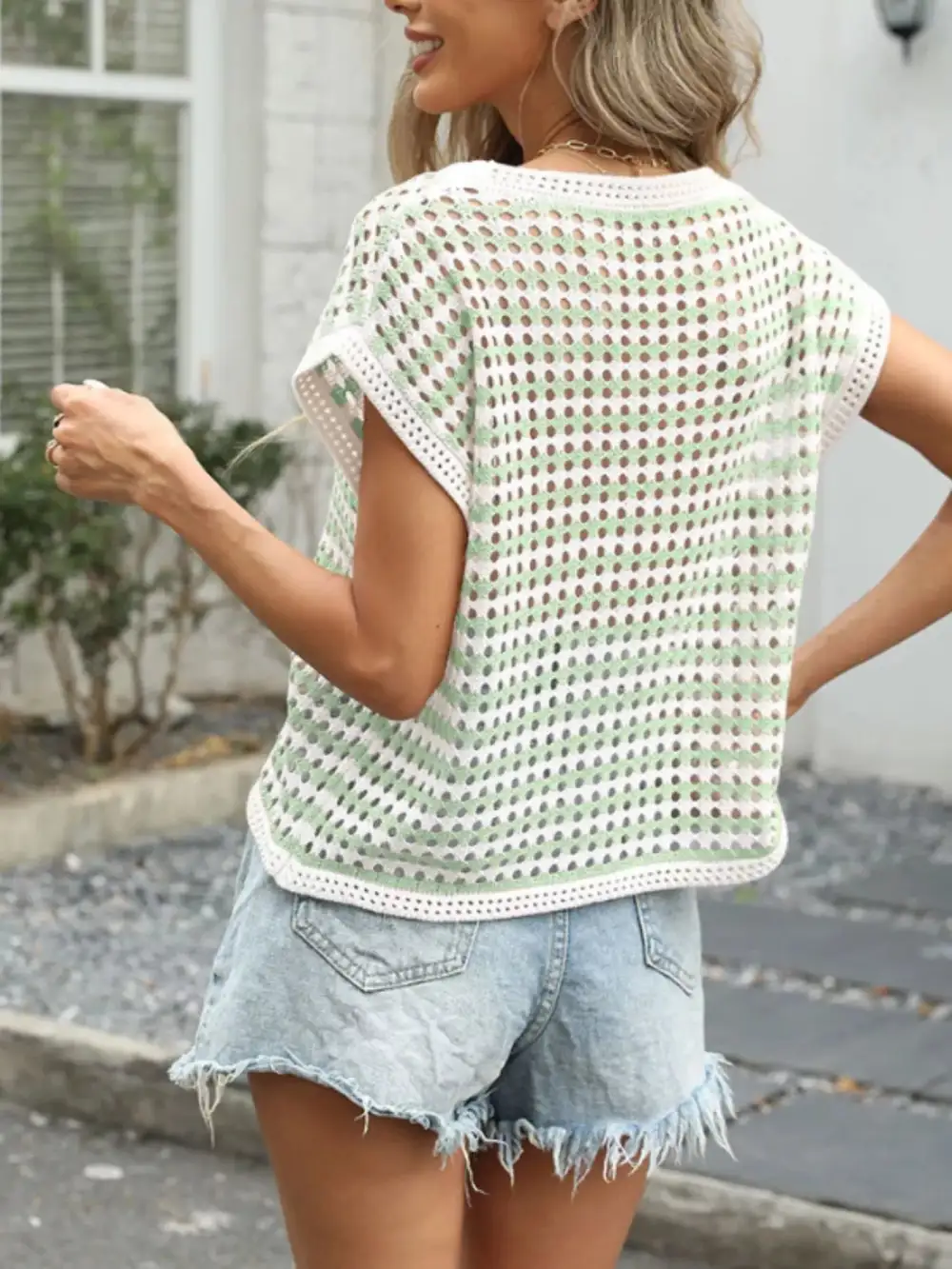 Striped Short Sleeve Crochet Knit Top
