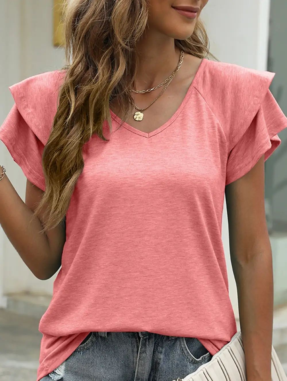 Solid Color V-Neck Ruffle Sleeve T-Shirt