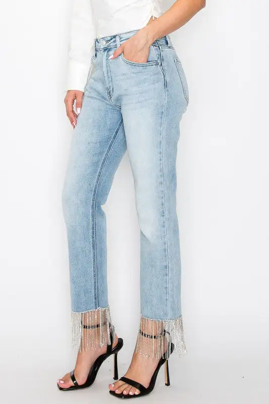 High Rise Straight Leg Embellished Denim Jeans
