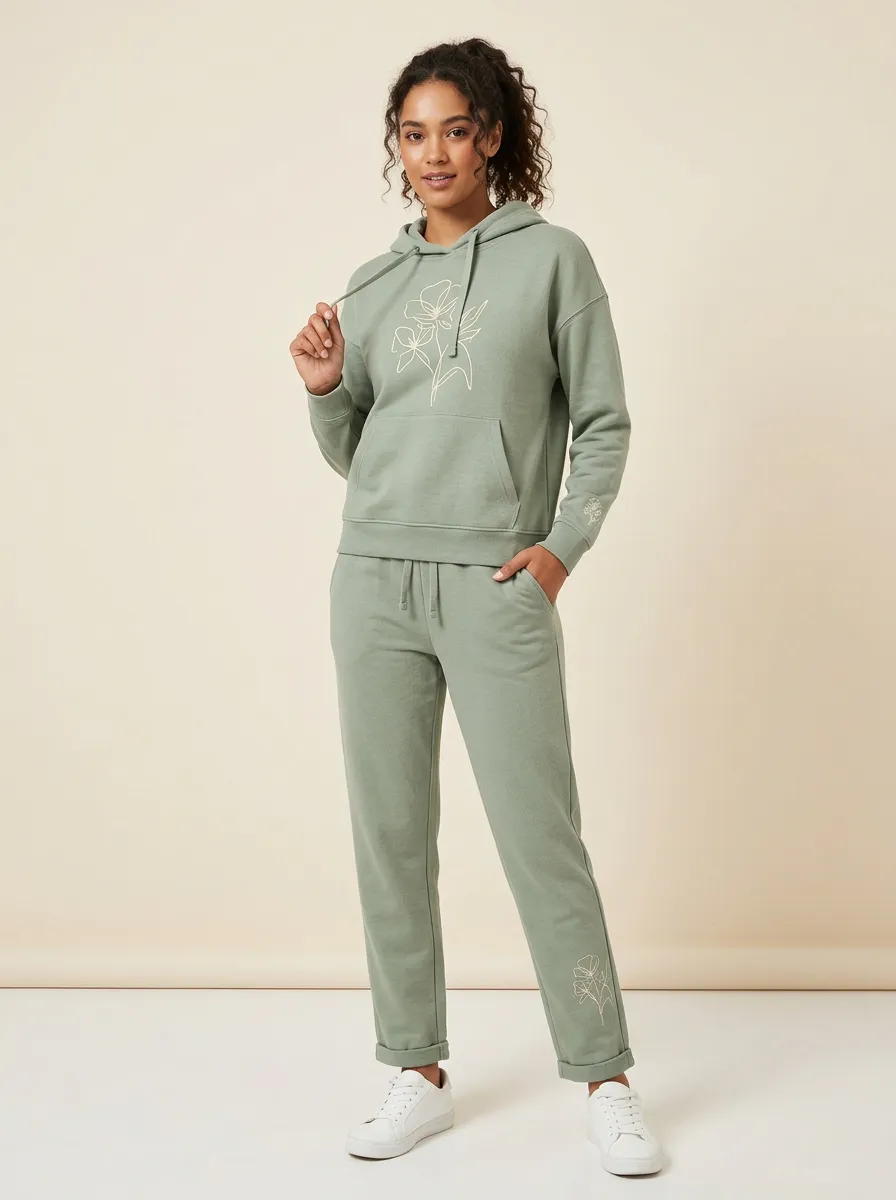 Women's Sage Green Cuffed Pants Dropped Shoulder Solid Hoodie & Pants Set