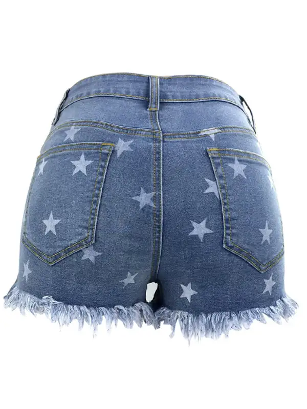 Fringe Pentagram Print High Waist Shorts Denim Pants