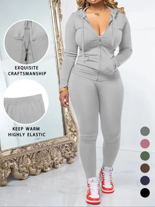 Women's Fall Zipper Hoodie and Skinny Pants Set, Casual Soft Long Sleeve Pullover with Pocket Design