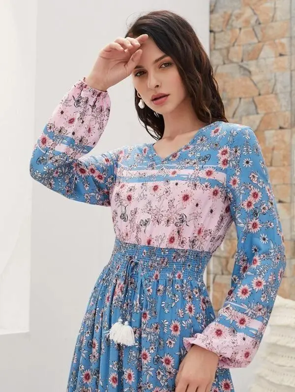 Women Shirred Knot Waist Floral Dress