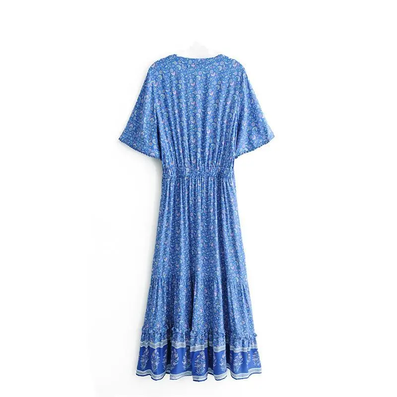 V-Neck Short Sleeve Boho Maxi Dress