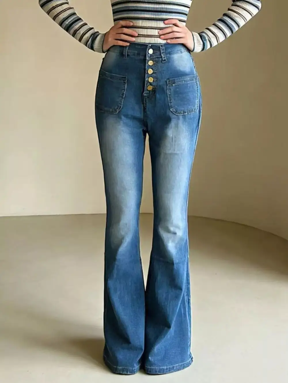 Versatile High Waist Flare Leg Button Denim Jeans