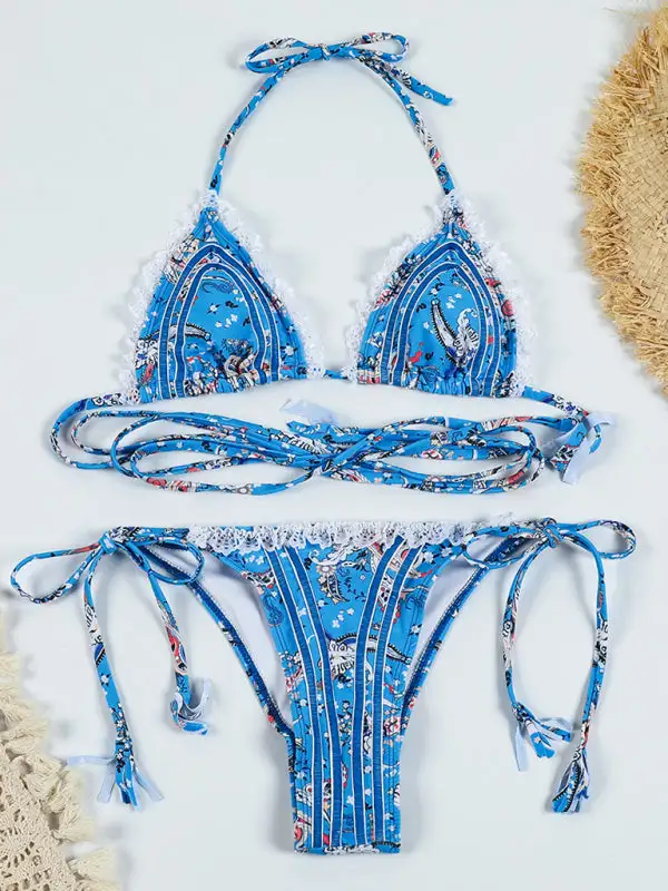 Lace Up Backless Webbing Spliced Bikini Swim Set