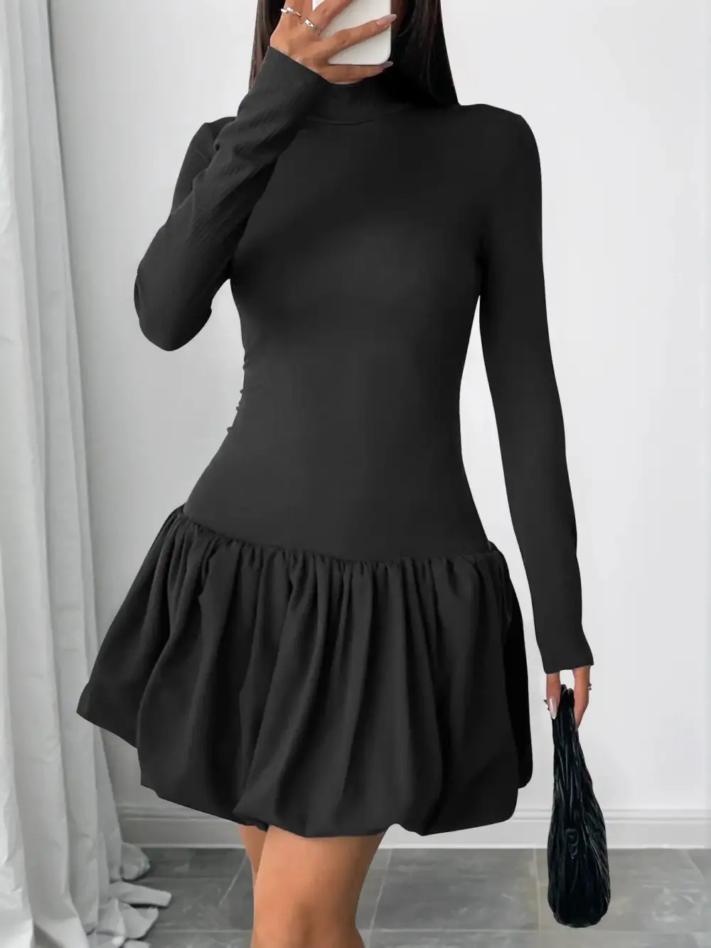 Textured Detail Mock Neck Long Sleeve Dress