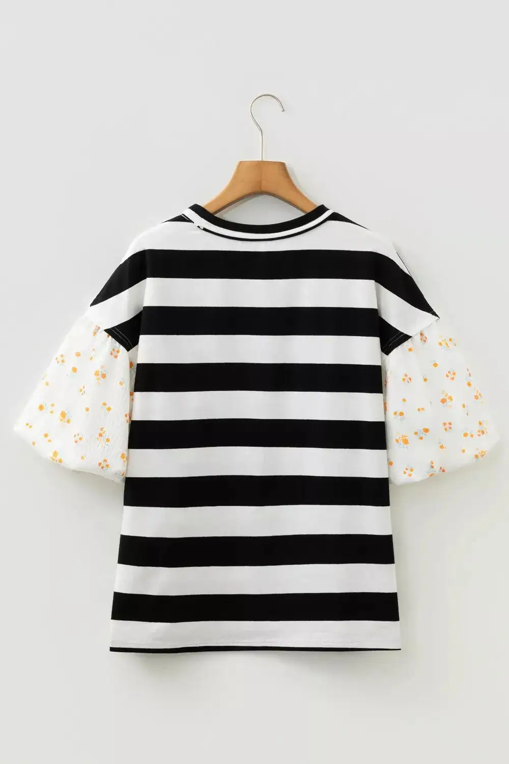Stripe Floral Print Puff Sleeve Patchwork Blouse