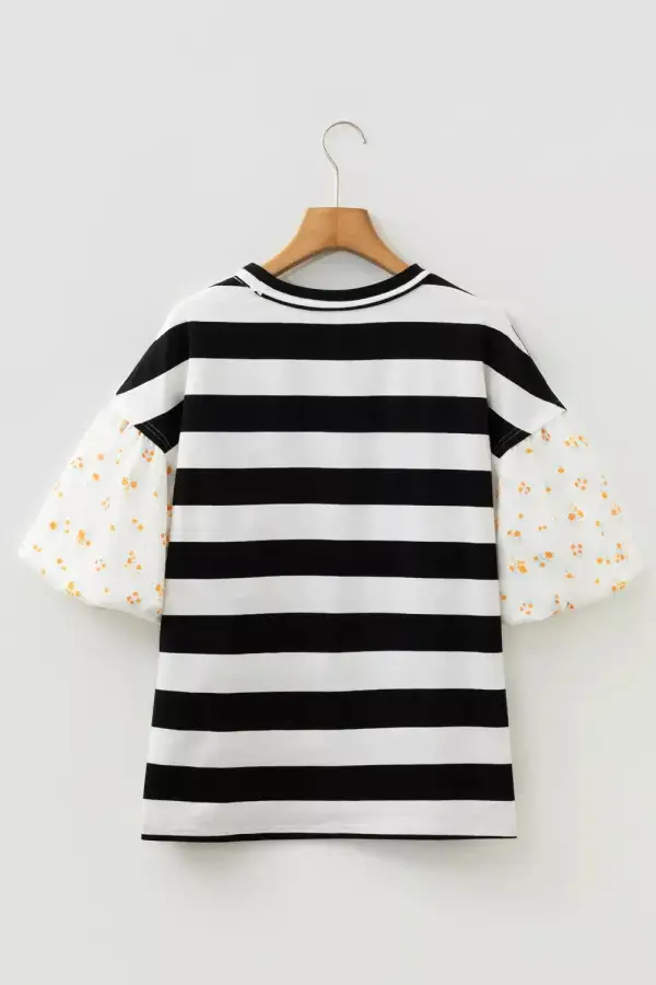 Stripe Floral Print Puff Sleeve Patchwork Blouse