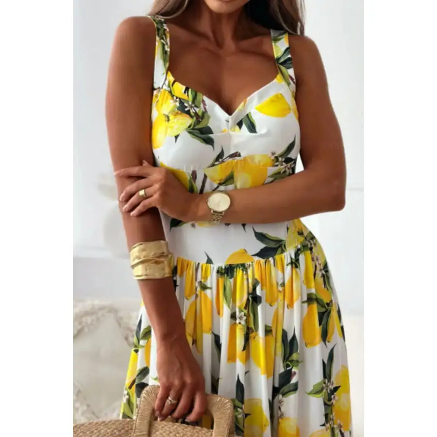 Lemon Print Sweetheart Neck Maxi Dress