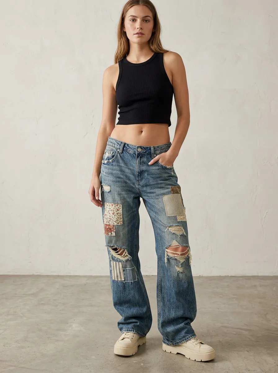 Women's Distressed Patchwork Floral Striped Printed Jeans