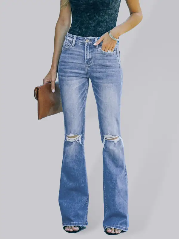 High Waist Flare Leg Ripped Denim Jeans