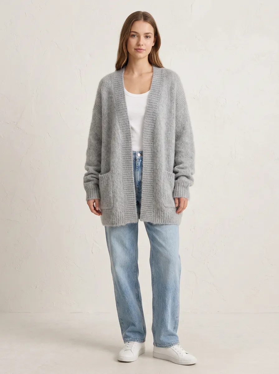 Women's Casual Minimalist Grey Knitted Open Front Cardigan