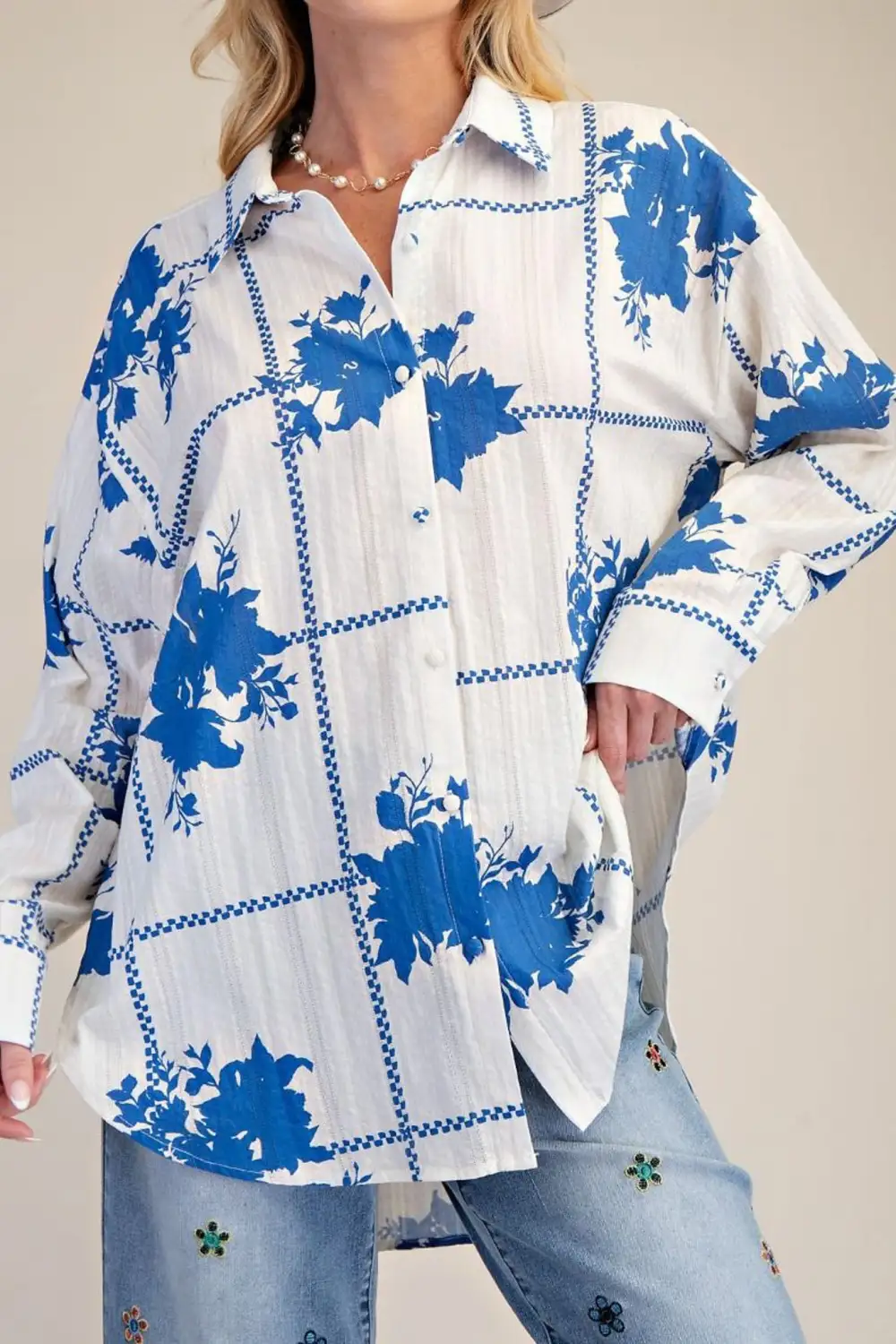 Floral Textured Button Front Collared Shirt