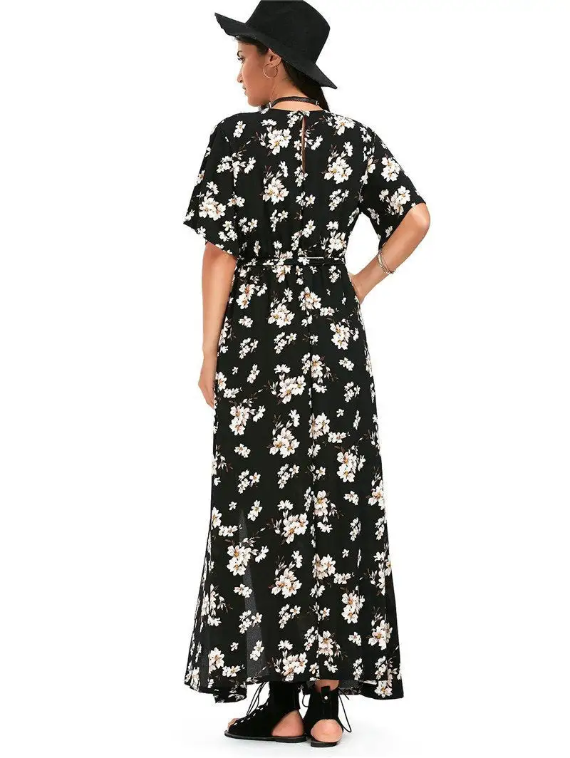 Floral Print V Neck Split Belted Beach Maxi Dress