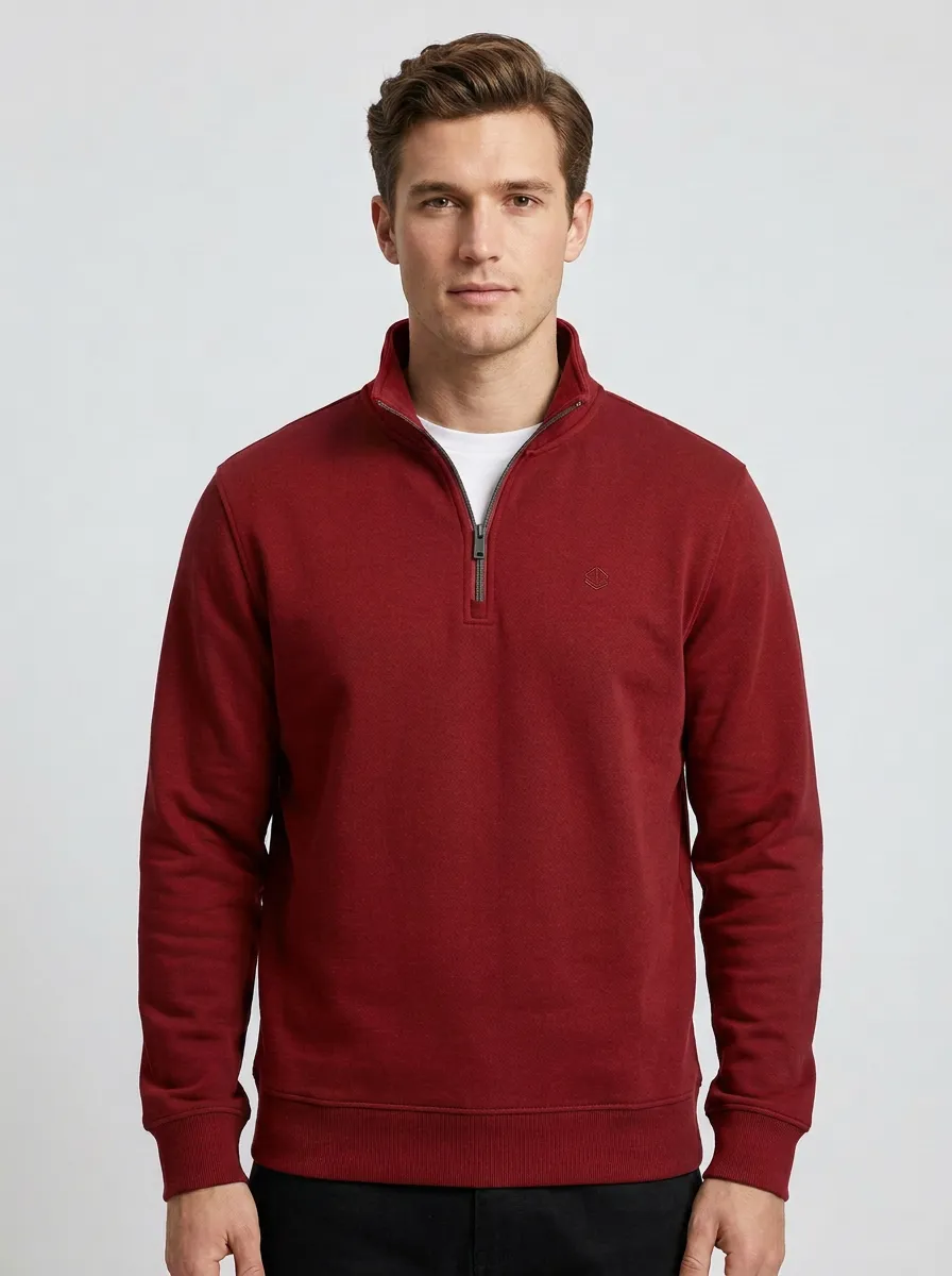 Men's Minimalist Textured Embroidered Emblem Stand-Collar Quarter-Zip Sweatshirt