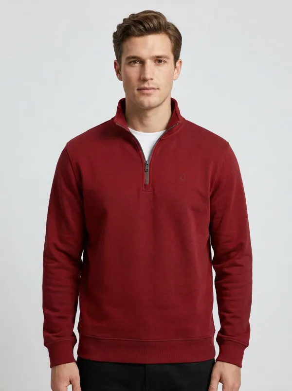 Men's Minimalist Textured Embroidered Emblem Stand-Collar Quarter-Zip Sweatshirt