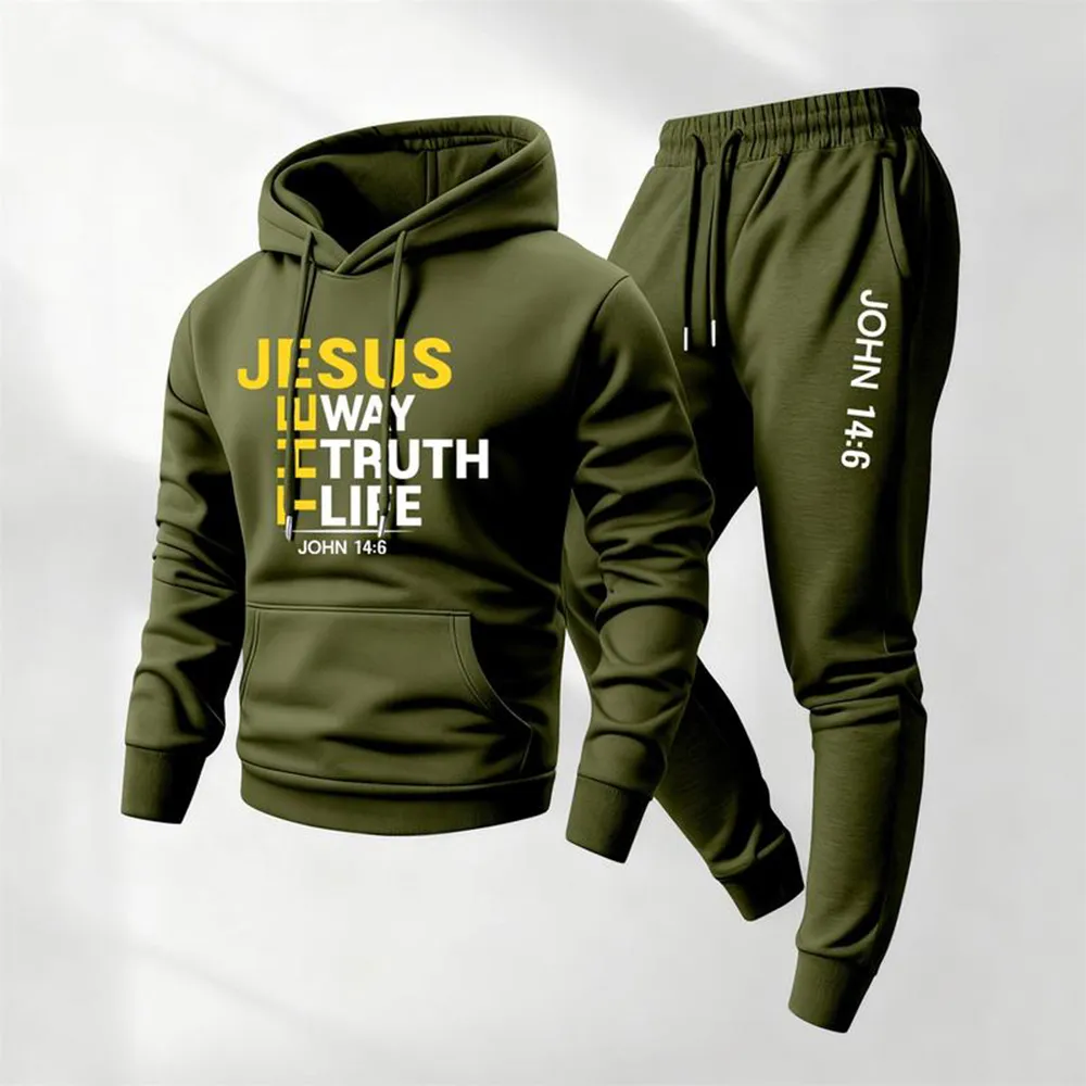 Men's Jesus Letter Printed Hoodie and Sweatpants Set