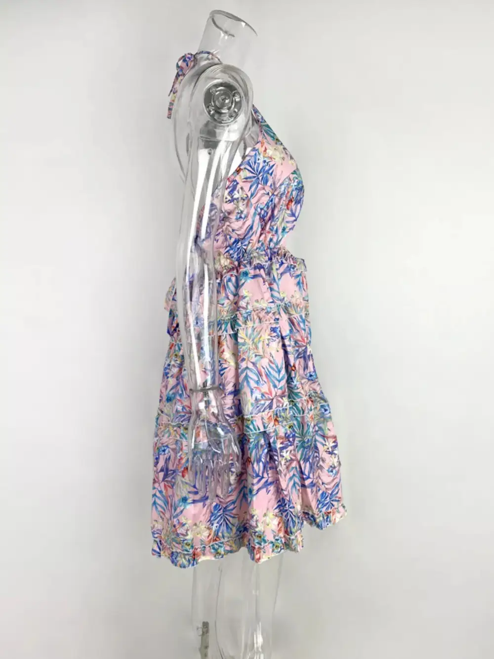 Colorful Print Halter Neck Ruffle Mini Dress
