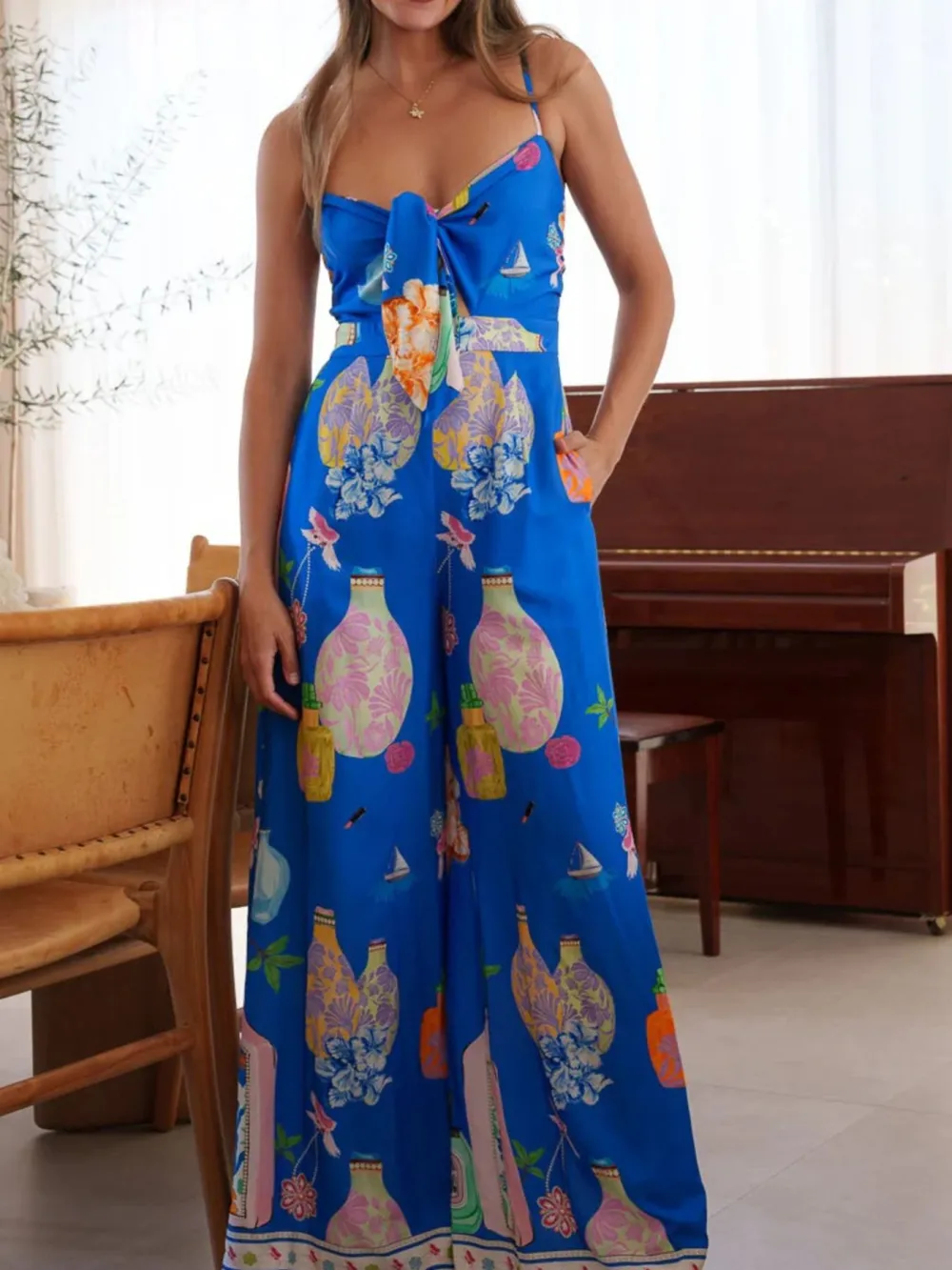 Printed Tie Front Wide Leg Jumpsuit