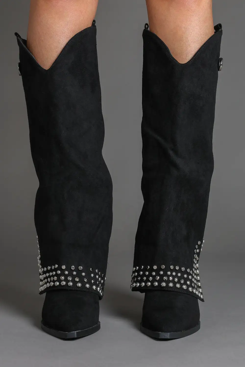 Refined Western Slouch Fold-Over Studded Knee High Boots
