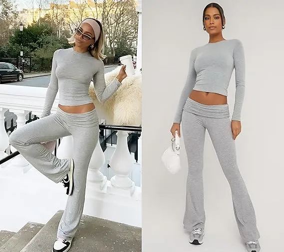 Women's Solid Color Long Sleeve Crop Tee & High-Waisted Drawstring Pants Set, Casual Everyday Slim Fit Outfit for Fall & Winter Seasons