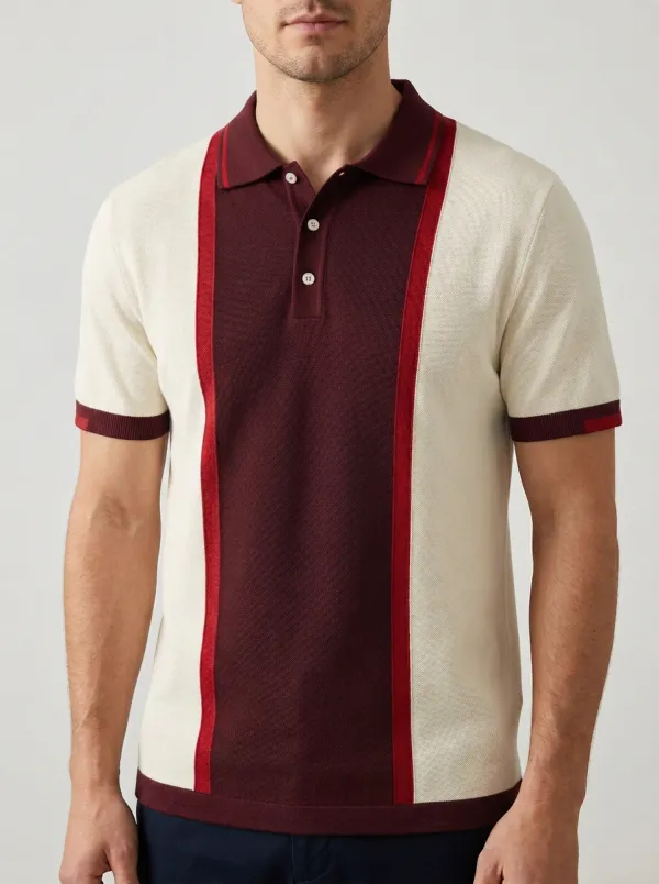 Men's Casual Knit Ribbed Textured Striped Colorblock Polo Shirt